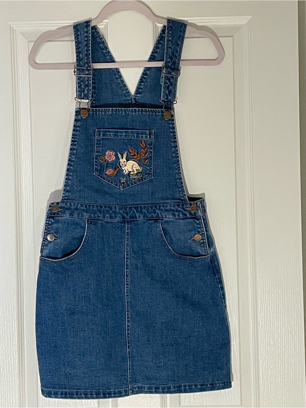 ModCloth x Princess Highway Denim Overall Dress with Bunny Embroidery Medium 8